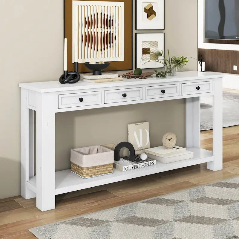 Consolle marrone chiaro/blu scuro/bianco antico con 4 cassetti e ripiano inferiore