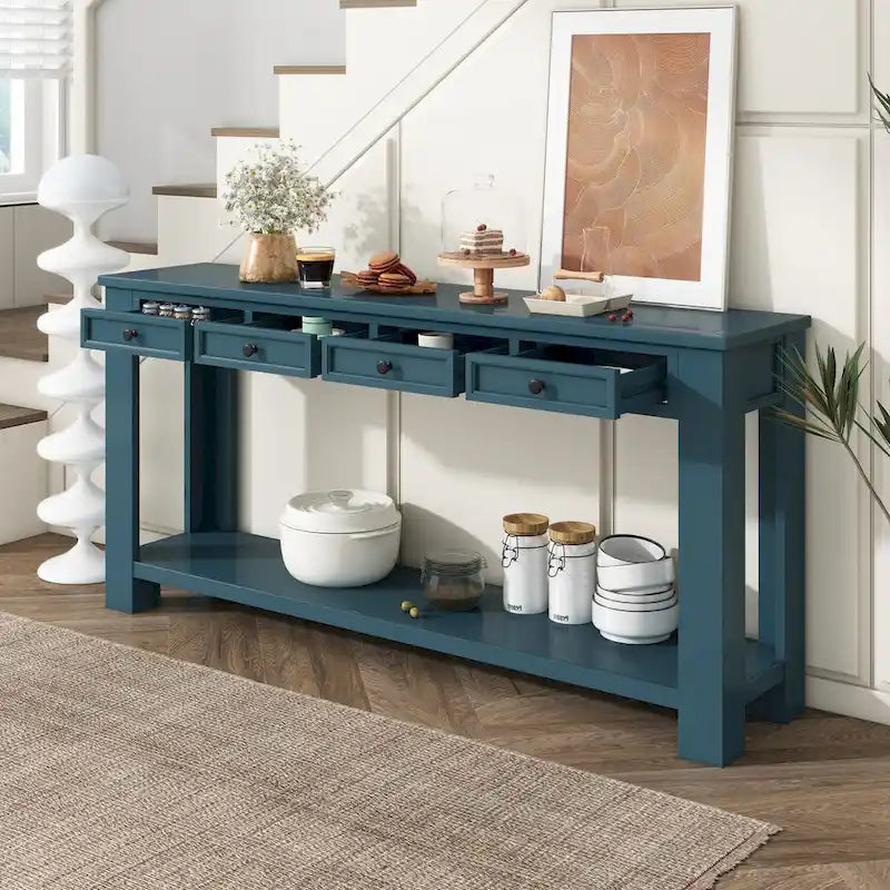 Consolle marrone chiaro/blu scuro/bianco antico con 4 cassetti e ripiano inferiore