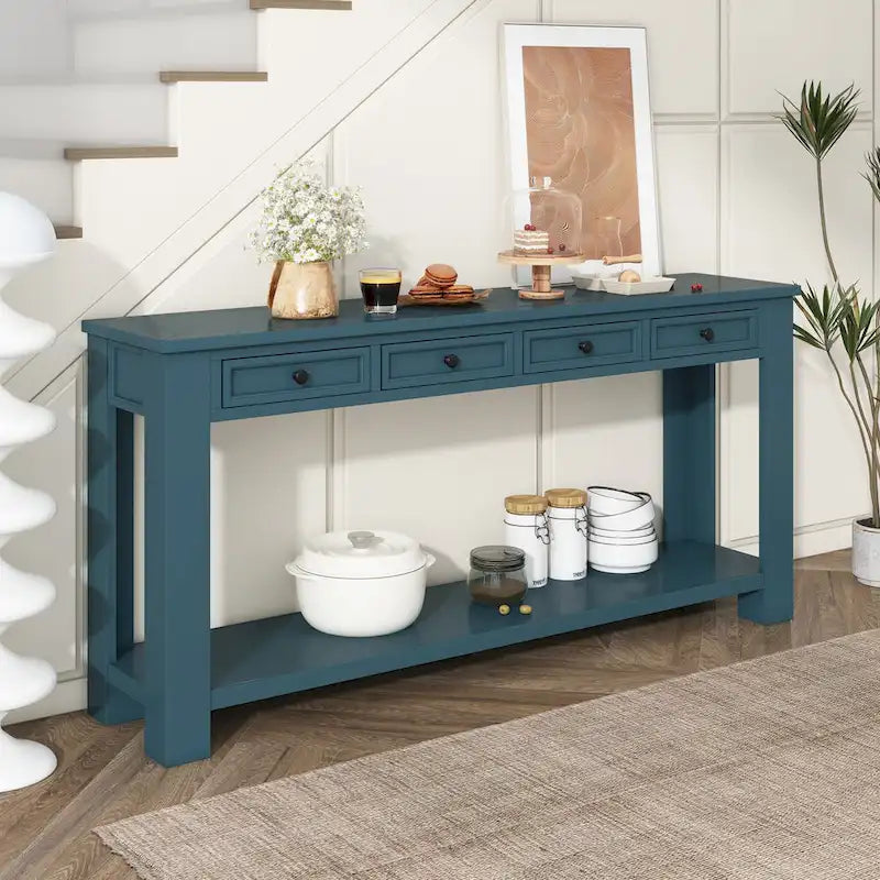 Consolle marrone chiaro/blu scuro/bianco antico con 4 cassetti e ripiano inferiore