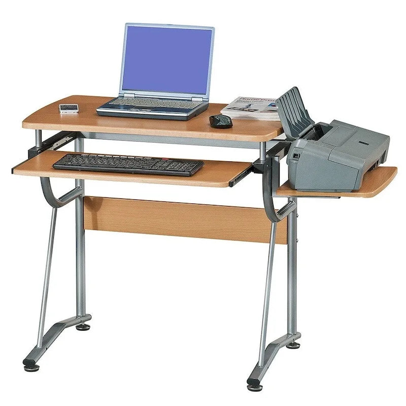 Scrivania per computer compatta monoposto marrone con vassoio per tastiera e ripiano