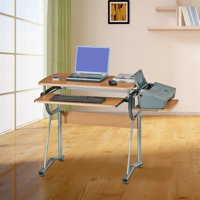 Scrivania per computer compatta monoposto marrone con vassoio per tastiera e ripiano