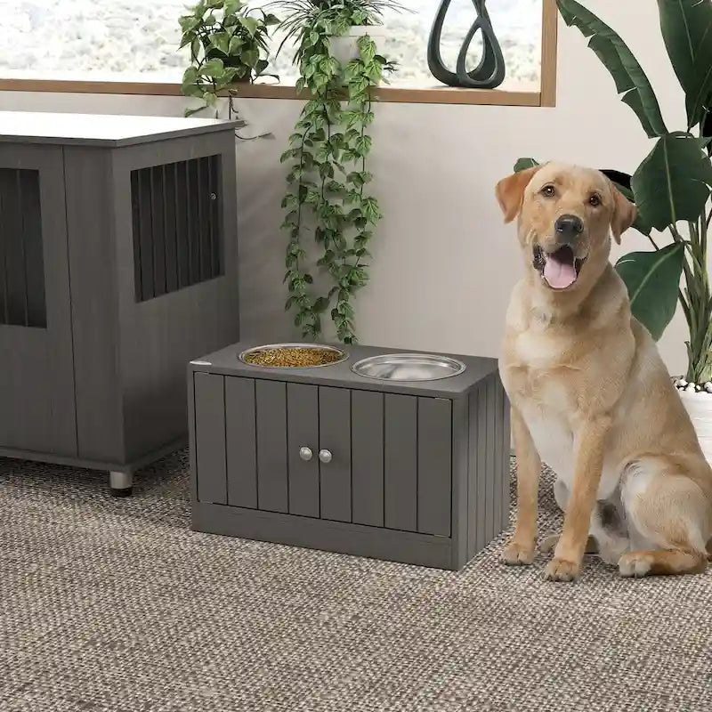 Supporto rialzato per ciotola singola per cani grigio con mobiletto contenitore