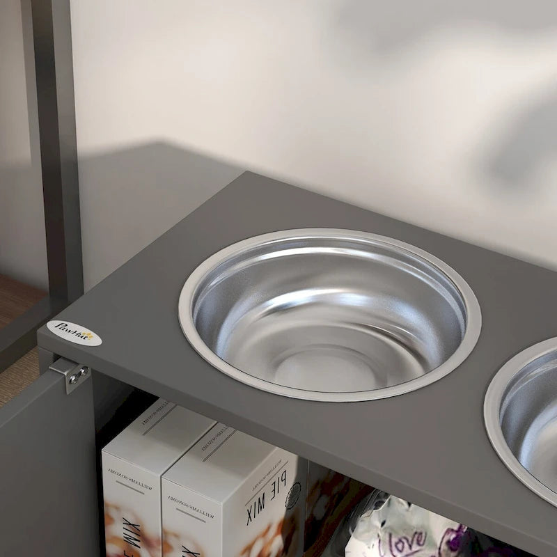 Supporto rialzato per ciotola singola per cani grigio con mobiletto contenitore