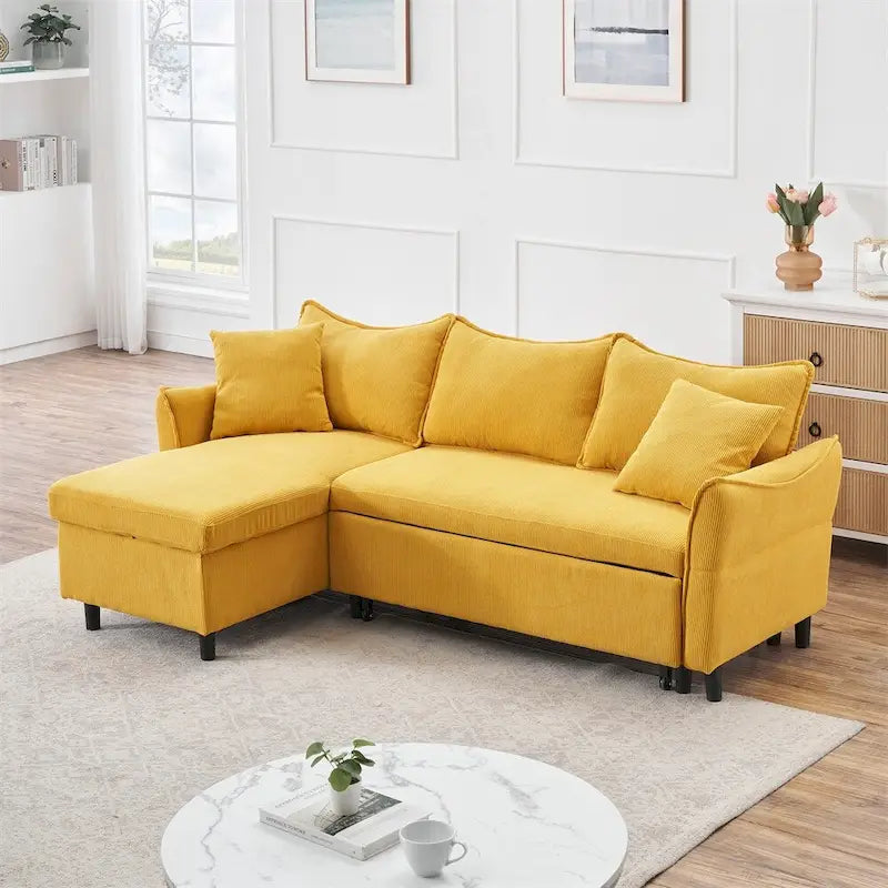 Divano a L in corduroy nero/arancione/giallo/grigio con contenitore e 2 cuscini, 2-3 posti