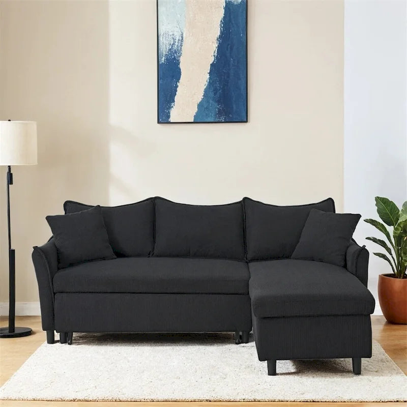 Divano a L in corduroy nero/arancione/giallo/grigio con contenitore e 2 cuscini, 2-3 posti