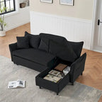 Divano a L in corduroy nero/arancione/giallo/grigio con contenitore e 2 cuscini, 2-3 posti