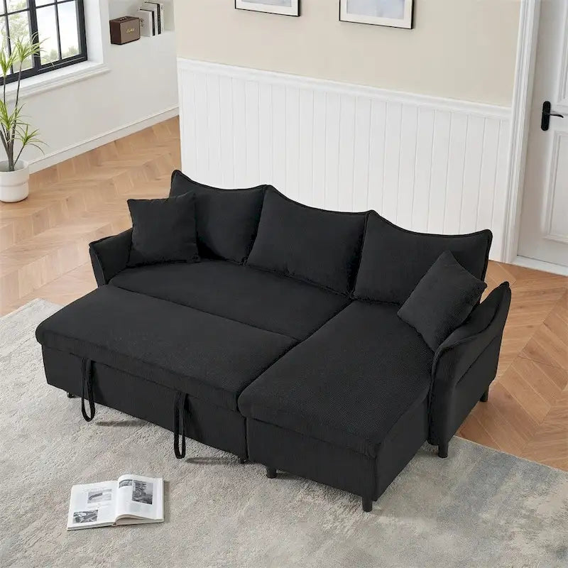 Divano a L in corduroy nero/arancione/giallo/grigio con contenitore e 2 cuscini, 2-3 posti