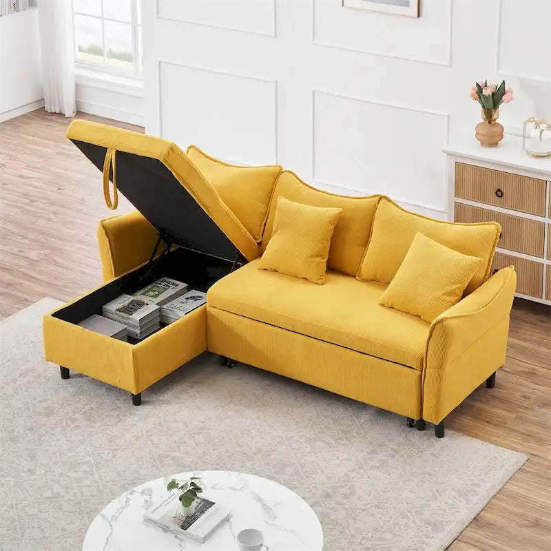 Divano a L in corduroy nero/arancione/giallo/grigio con contenitore e 2 cuscini, 2-3 posti