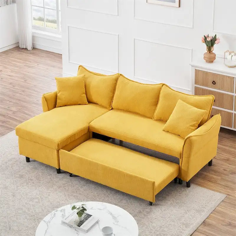 Divano a L in corduroy nero/arancione/giallo/grigio con contenitore e 2 cuscini, 2-3 posti