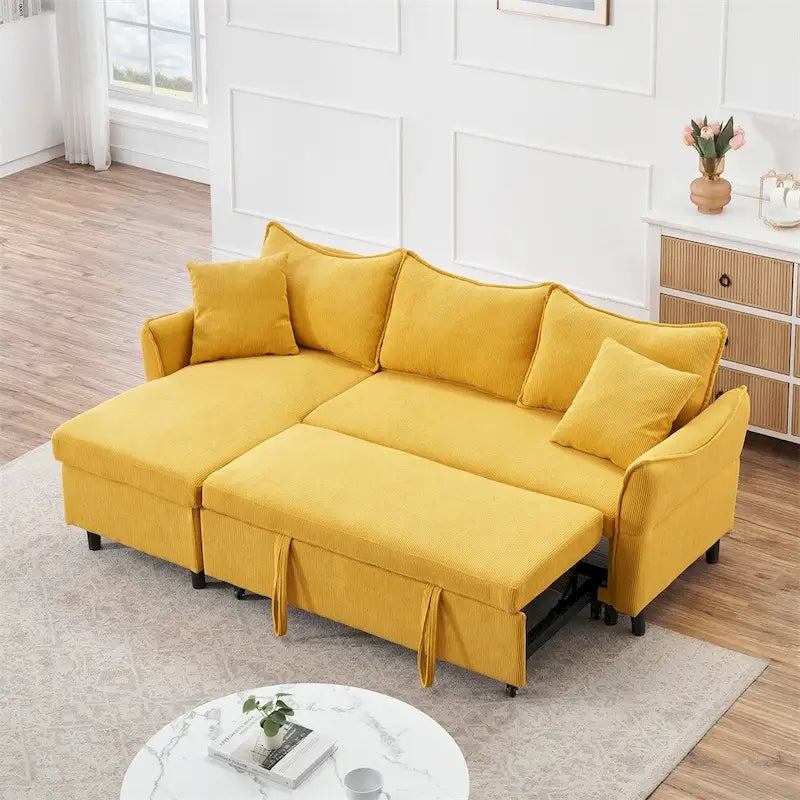 Divano a L in corduroy nero/arancione/giallo/grigio con contenitore e 2 cuscini, 2-3 posti