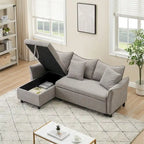 Divano a L in corduroy nero/arancione/giallo/grigio con contenitore e 2 cuscini, 2-3 posti
