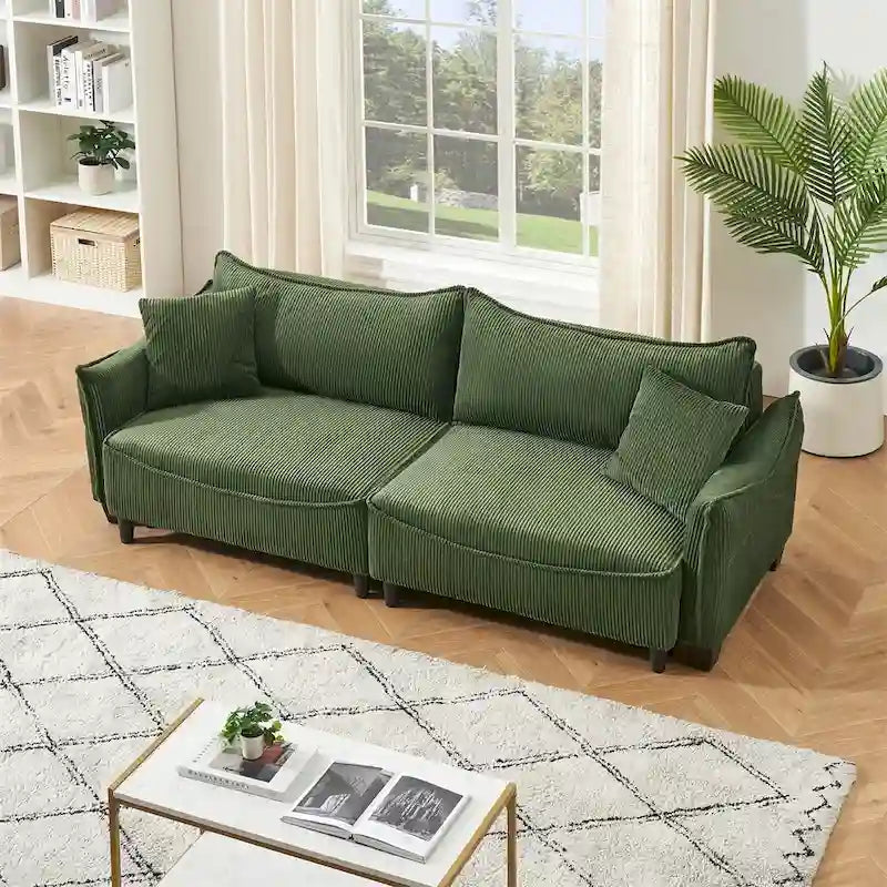 Divano a 3 posti in velluto a coste verde / grigio / beige con 2 cuscini