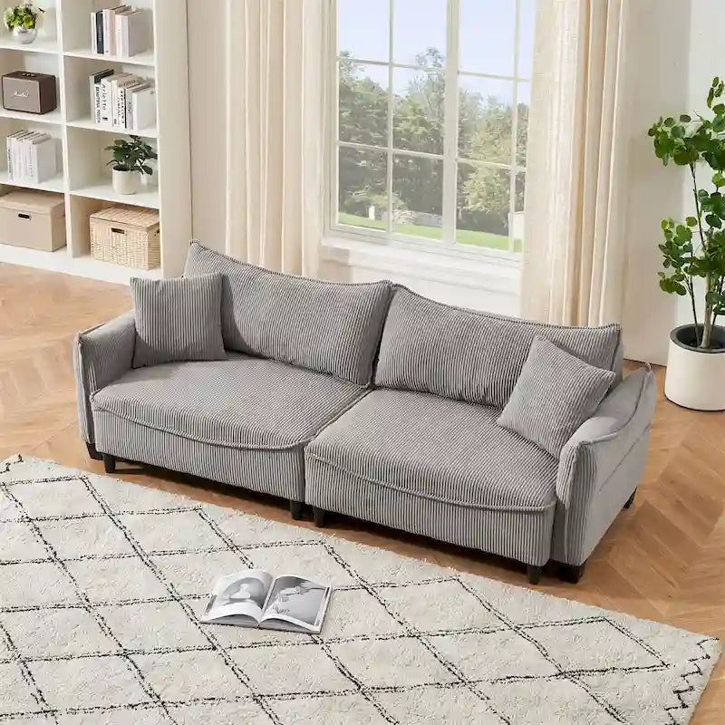 Divano a 3 posti in velluto a coste verde / grigio / beige con 2 cuscini