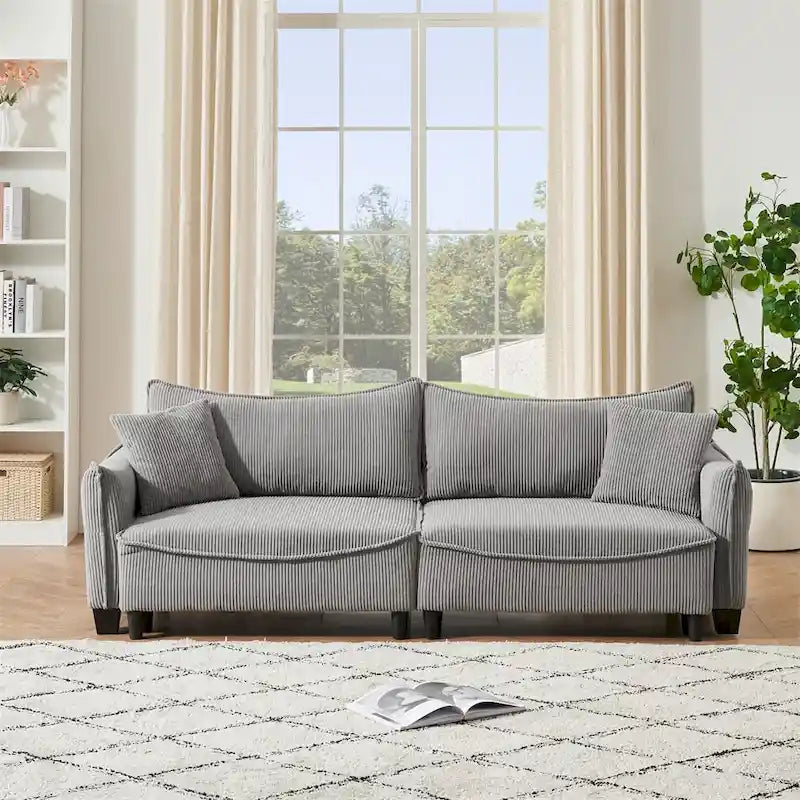 Divano a 3 posti in velluto a coste verde / grigio / beige con 2 cuscini
