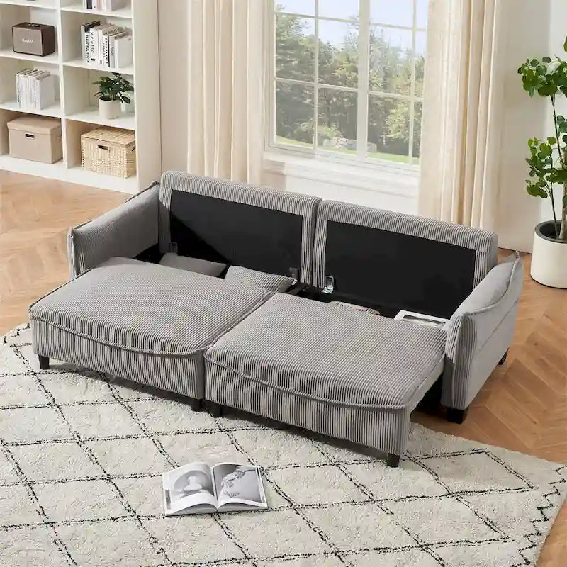 Divano a 3 posti in velluto a coste verde / grigio / beige con 2 cuscini