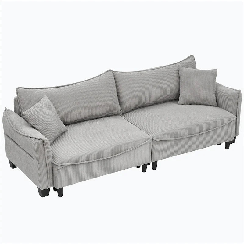 Divano a 3 posti in velluto a coste verde / grigio / beige con 2 cuscini