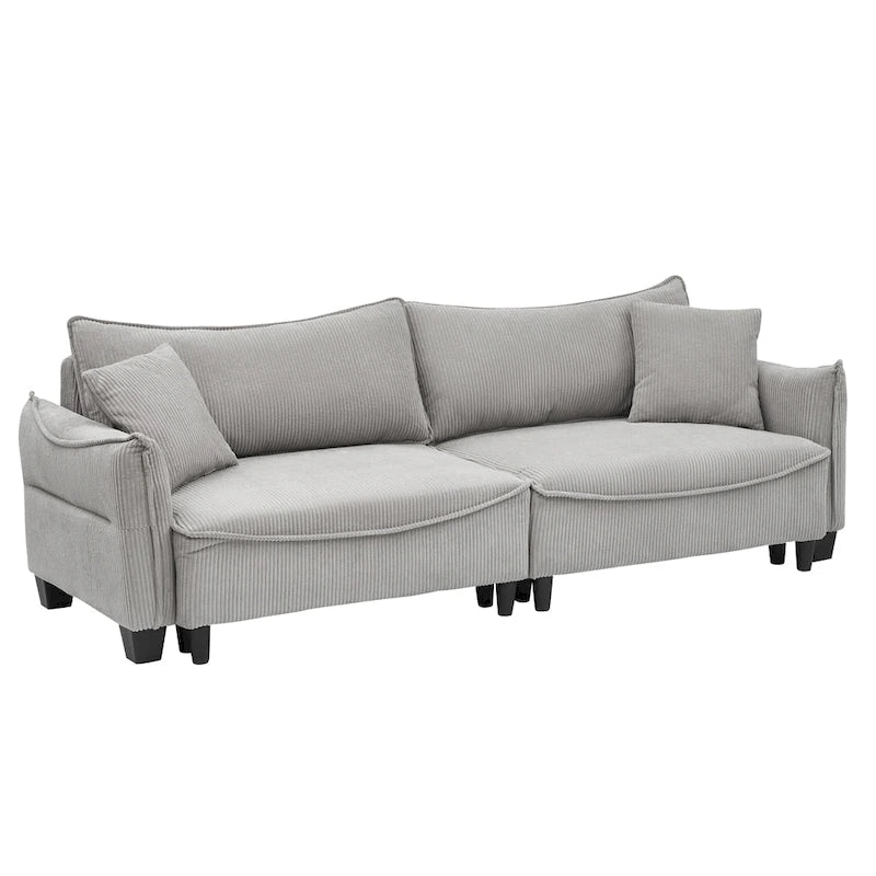 Divano a 3 posti in velluto a coste verde / grigio / beige con 2 cuscini