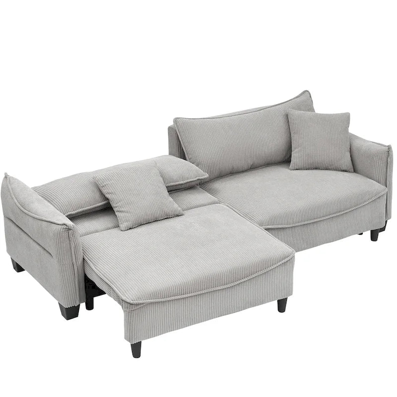 Divano a 3 posti in velluto a coste verde / grigio / beige con 2 cuscini
