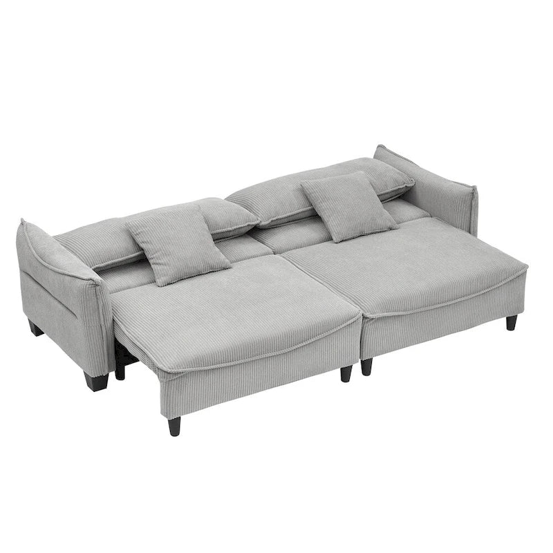Divano a 3 posti in velluto a coste verde / grigio / beige con 2 cuscini