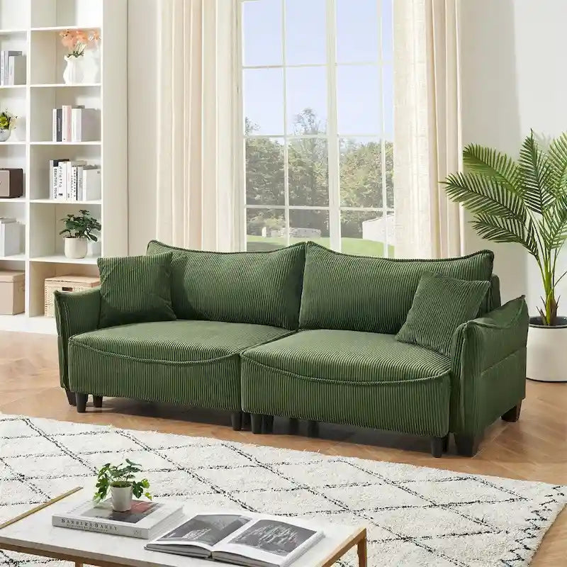 Divano a 3 posti in velluto a coste verde / grigio / beige con 2 cuscini