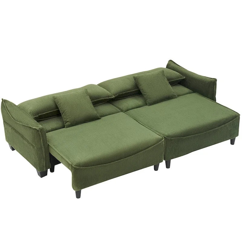 Divano a 3 posti in velluto a coste verde / grigio / beige con 2 cuscini