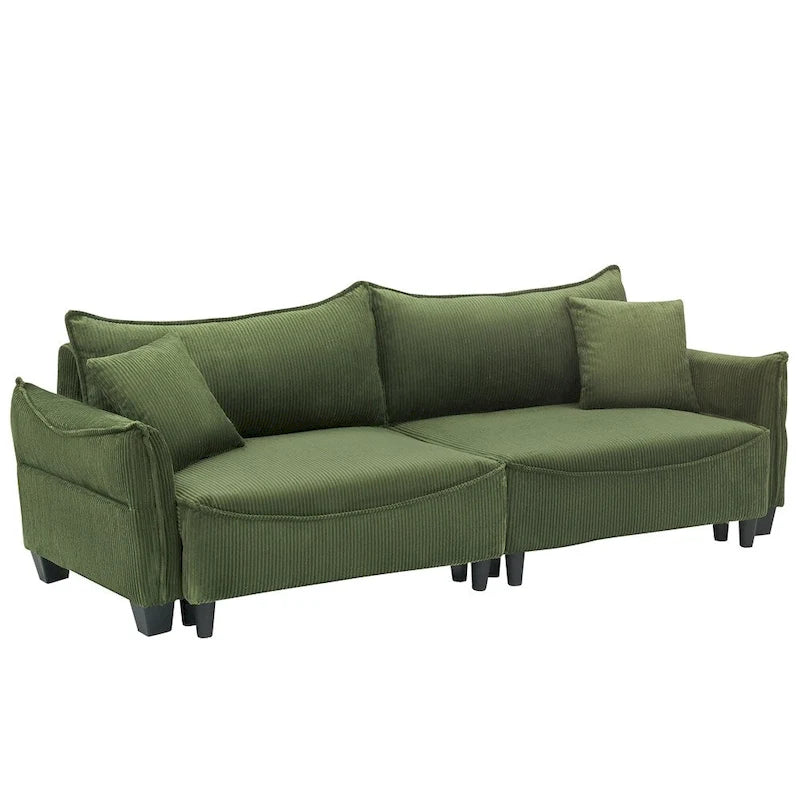 Divano a 3 posti in velluto a coste verde / grigio / beige con 2 cuscini