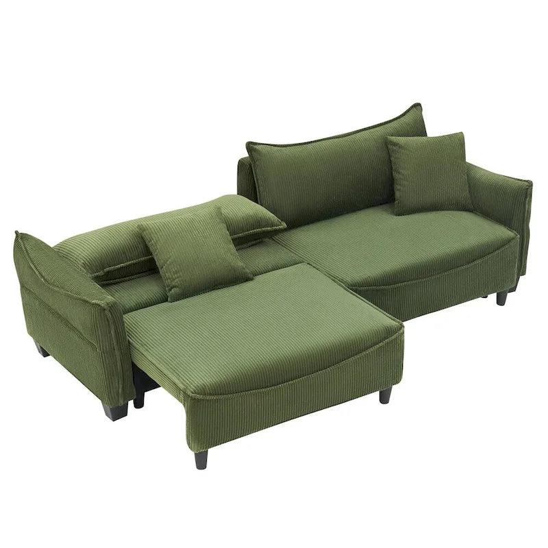 Divano a 3 posti in velluto a coste verde / grigio / beige con 2 cuscini