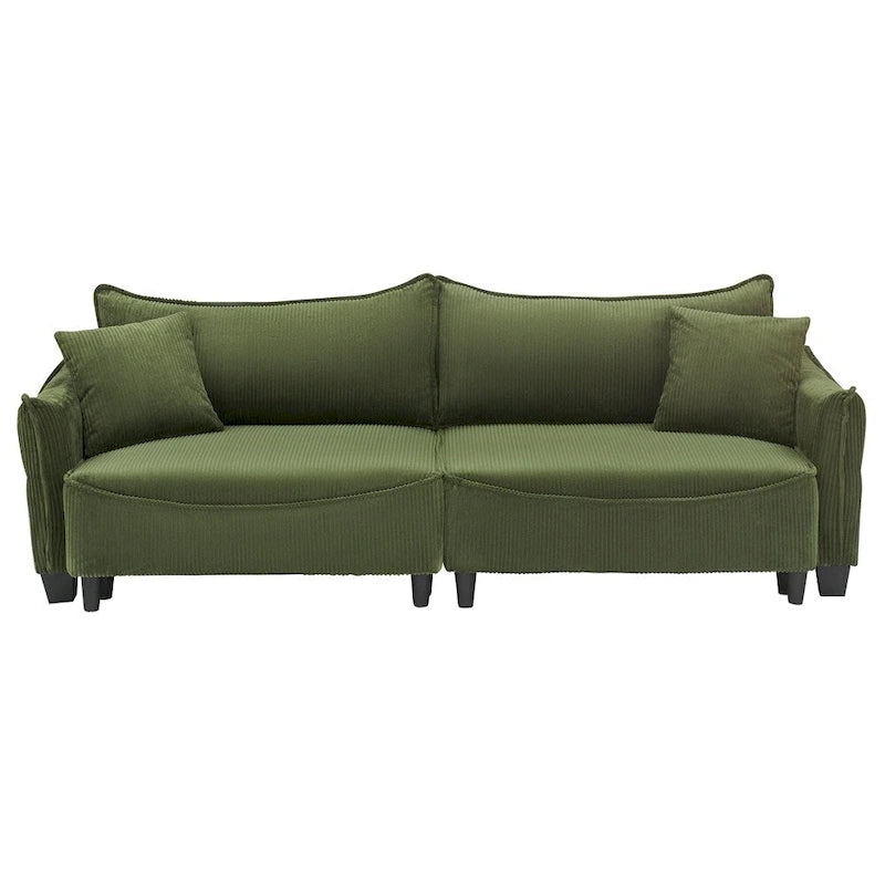 Divano a 3 posti in velluto a coste verde / grigio / beige con 2 cuscini