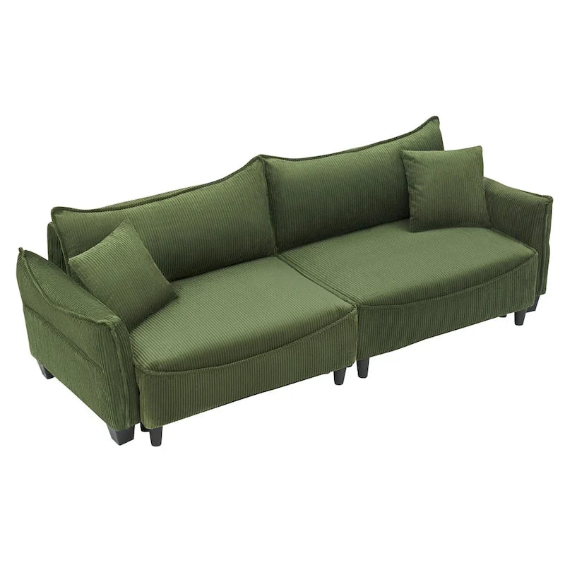 Divano a 3 posti in velluto a coste verde / grigio / beige con 2 cuscini