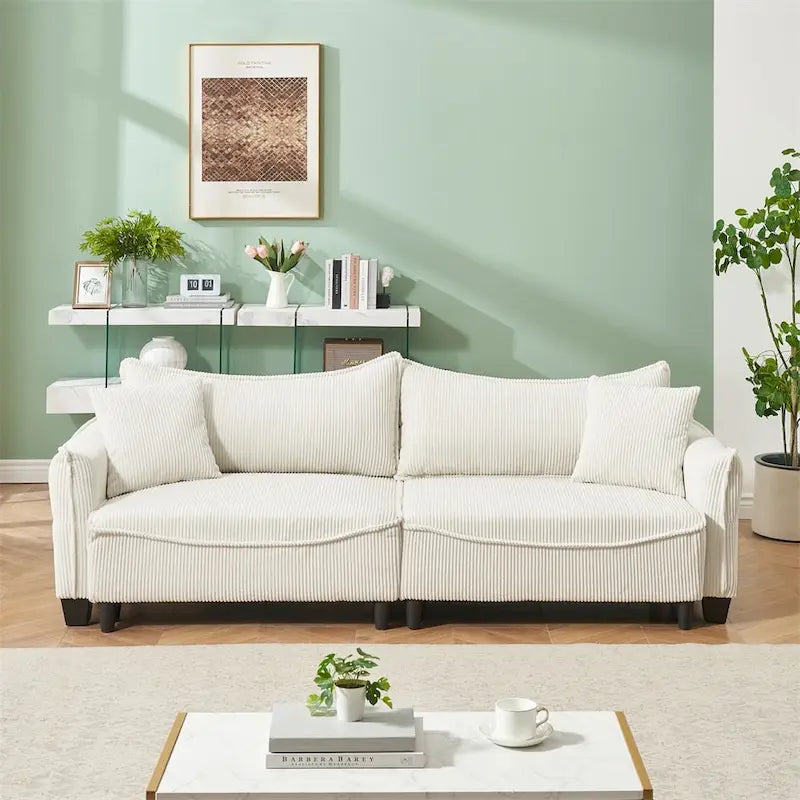 Divano a 3 posti in velluto a coste verde / grigio / beige con 2 cuscini