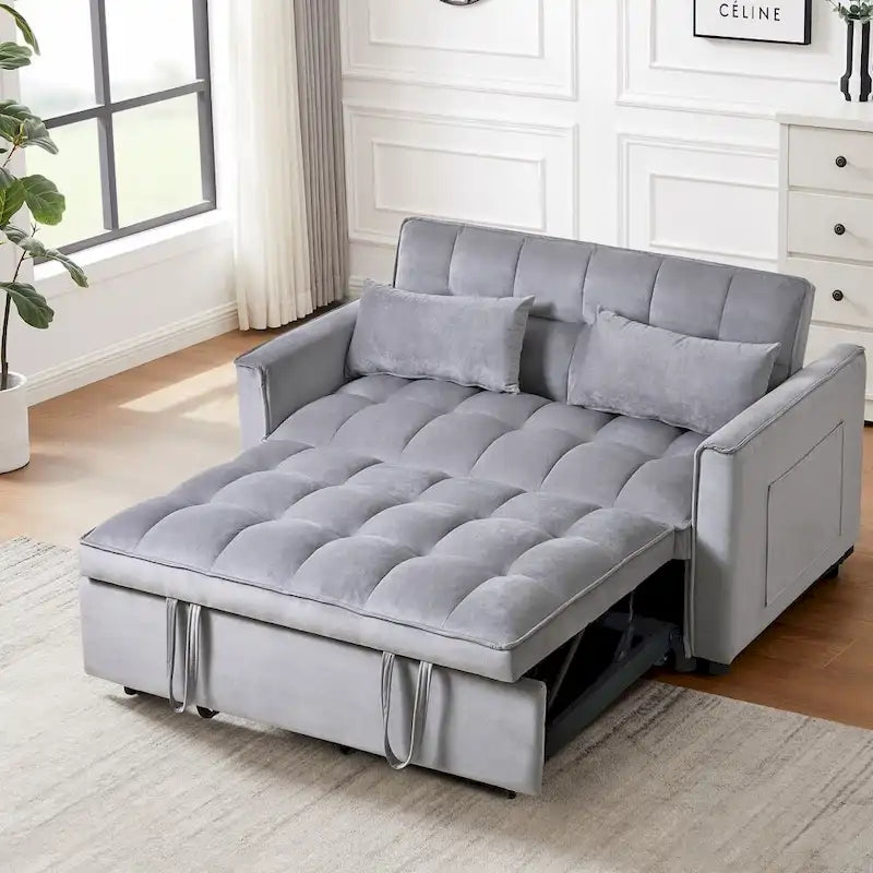 Divano letto convertibile in velluto grigio cemento, divano estraibile a 2 posti