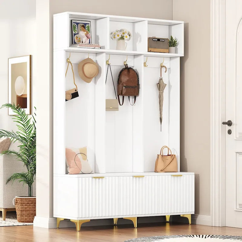 Appendiabiti da ingresso bianco e nero con panca, 3 in 1, montaggio per 2 persone