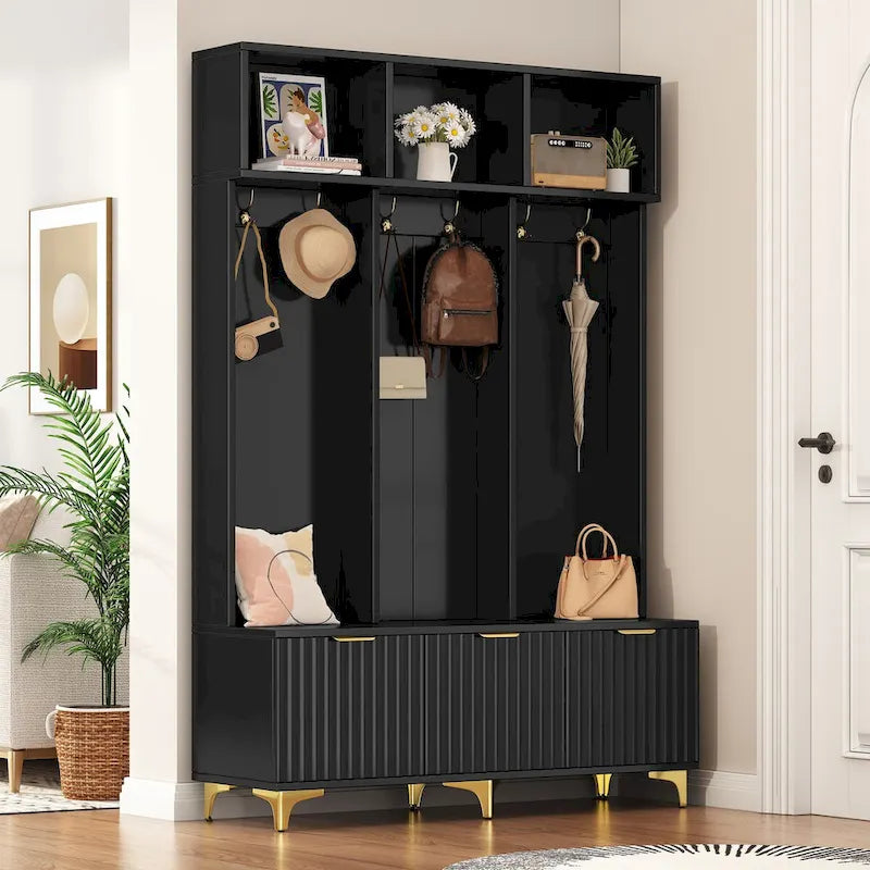 Appendiabiti da ingresso bianco e nero con panca, 3 in 1, montaggio per 2 persone