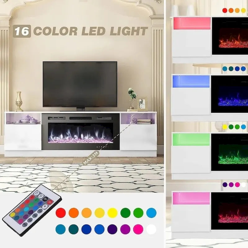 Mobile TV nero da 185 cm con caminetto elettrico da 91 cm – Consolle multimediale 2 in 1, per TV fino a 80 pollici