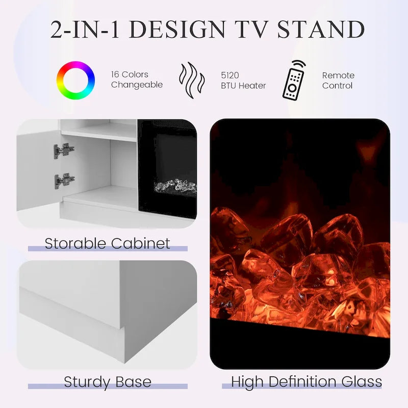 Mobile TV nero da 185 cm con caminetto elettrico da 91 cm – Consolle multimediale 2 in 1, per TV fino a 80 pollici