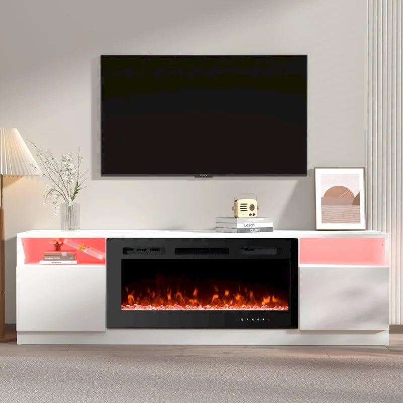 Mobile TV nero da 185 cm con caminetto elettrico da 91 cm – Consolle multimediale 2 in 1, per TV fino a 80 pollici